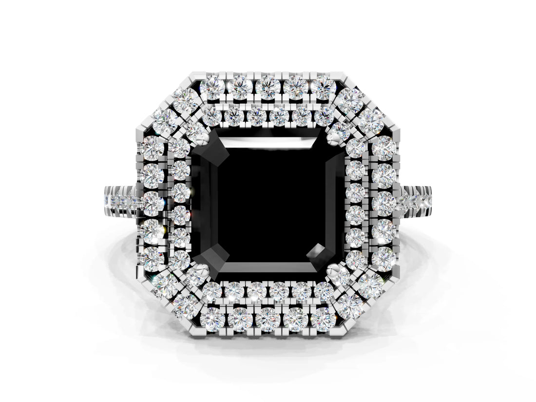 White gold Double Halo Fancy Black Asscher Cut Diamond Pavé Band with Four-Prong Setting