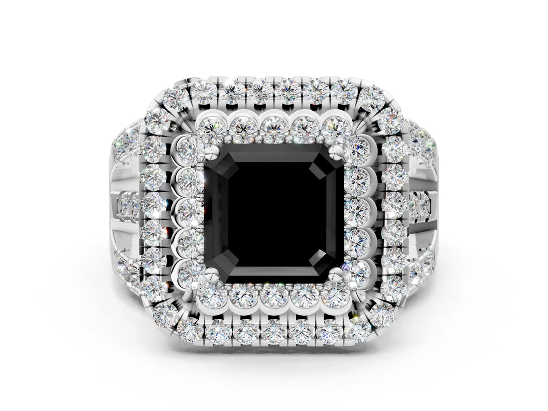 White gold Double Halo Fancy Black Asscher Cut Diamond Split Shank Pave Set Ring_3
