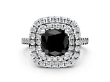 White gold Double Halo Fancy Black Cushion Cut Diamond Pavé Band with Four-Prong Setting