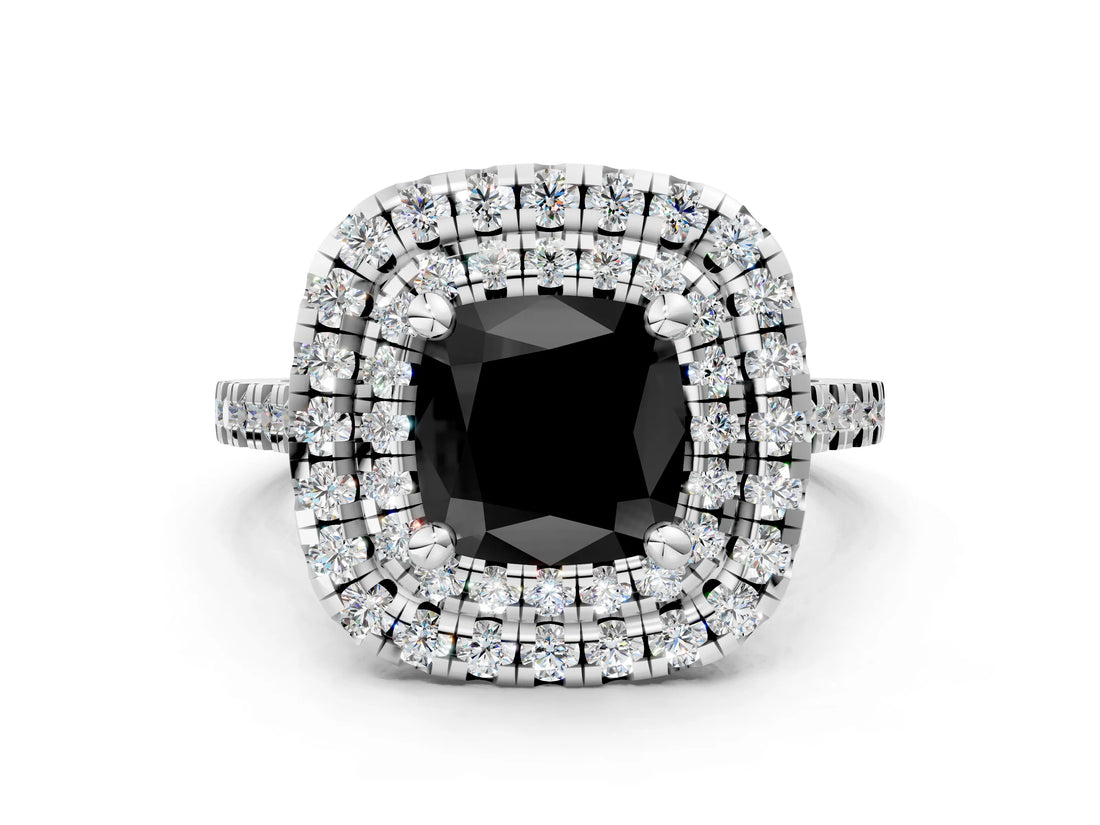 White gold Double Halo Fancy Black Cushion Cut Diamond Pavé Band with Four-Prong Setting