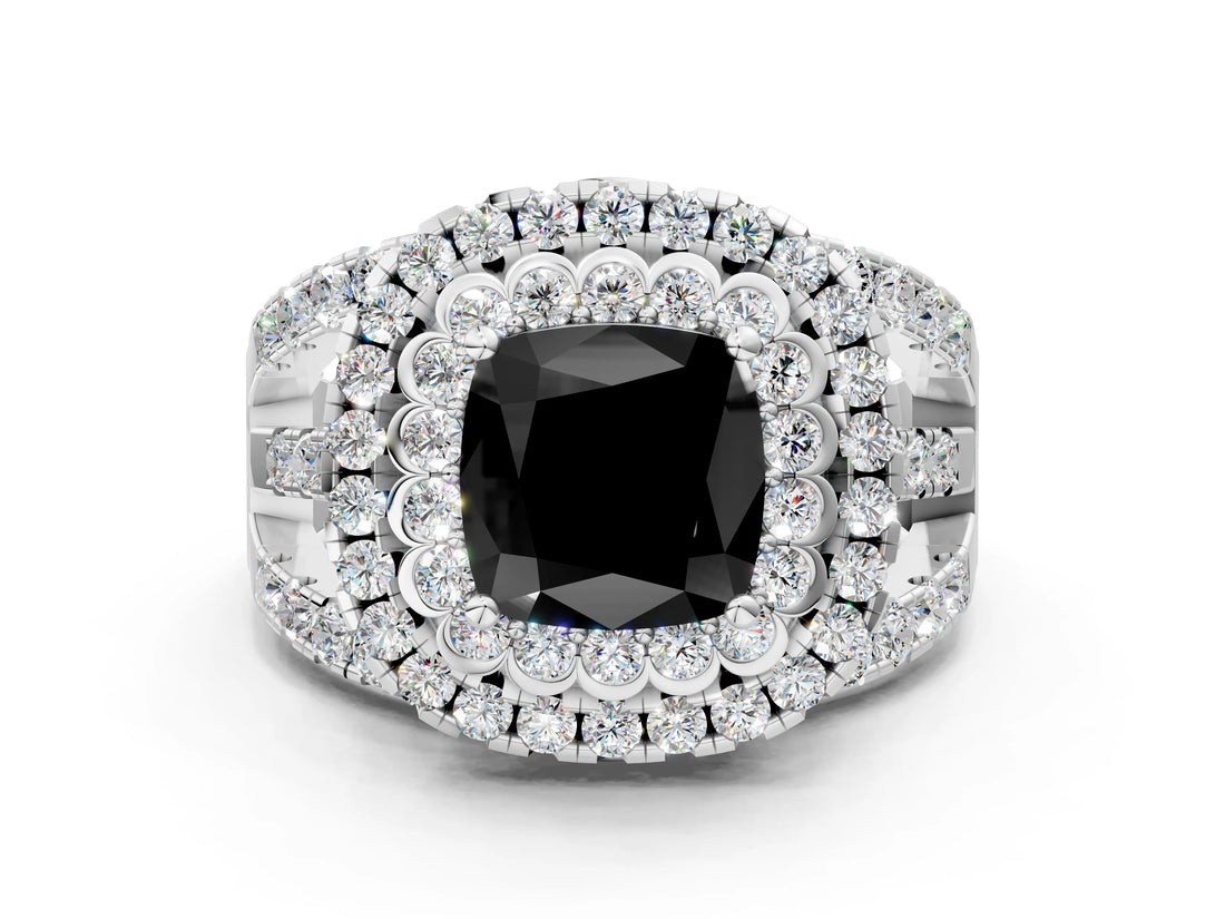 White gold Double Halo Fancy Black Cushion Cut Diamond Split Shank Pave Set Ring_3