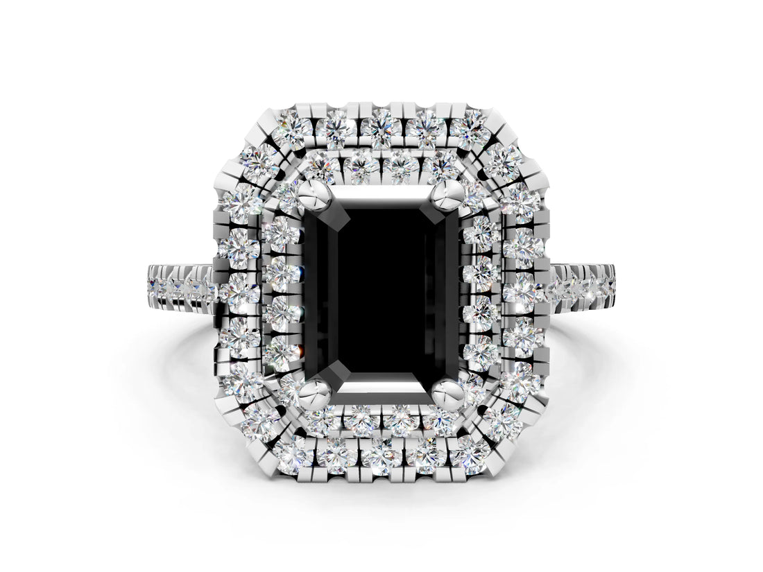White gold Double Halo Fancy Black Emerald Cut Diamond Pavé Band with Four-Prong Setting