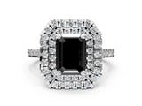 White gold Double Halo Fancy Black Emerald Cut Diamond Pavé Band with Four-Prong Setting