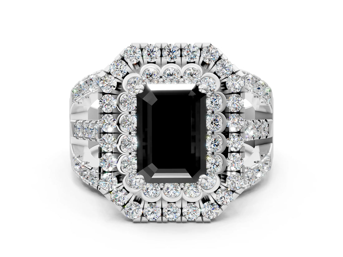 White gold Double Halo Fancy Black Emerald Cut Diamond Split Shank Pave Set Ring_3