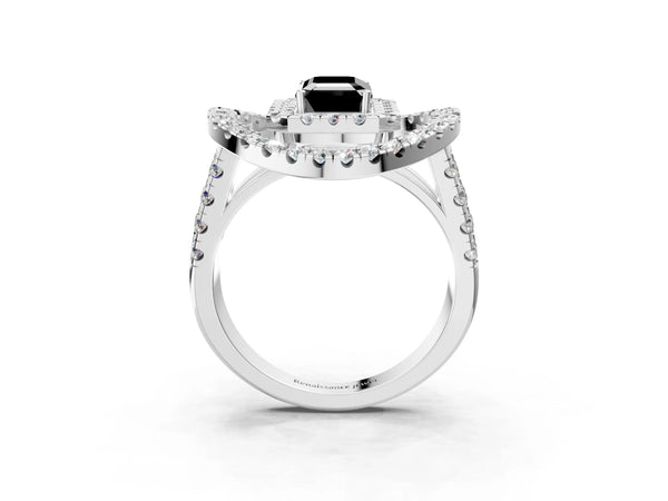 White Gold Emerald Cut Double Halo Split Shank Engagement Ring Setting for Black Center