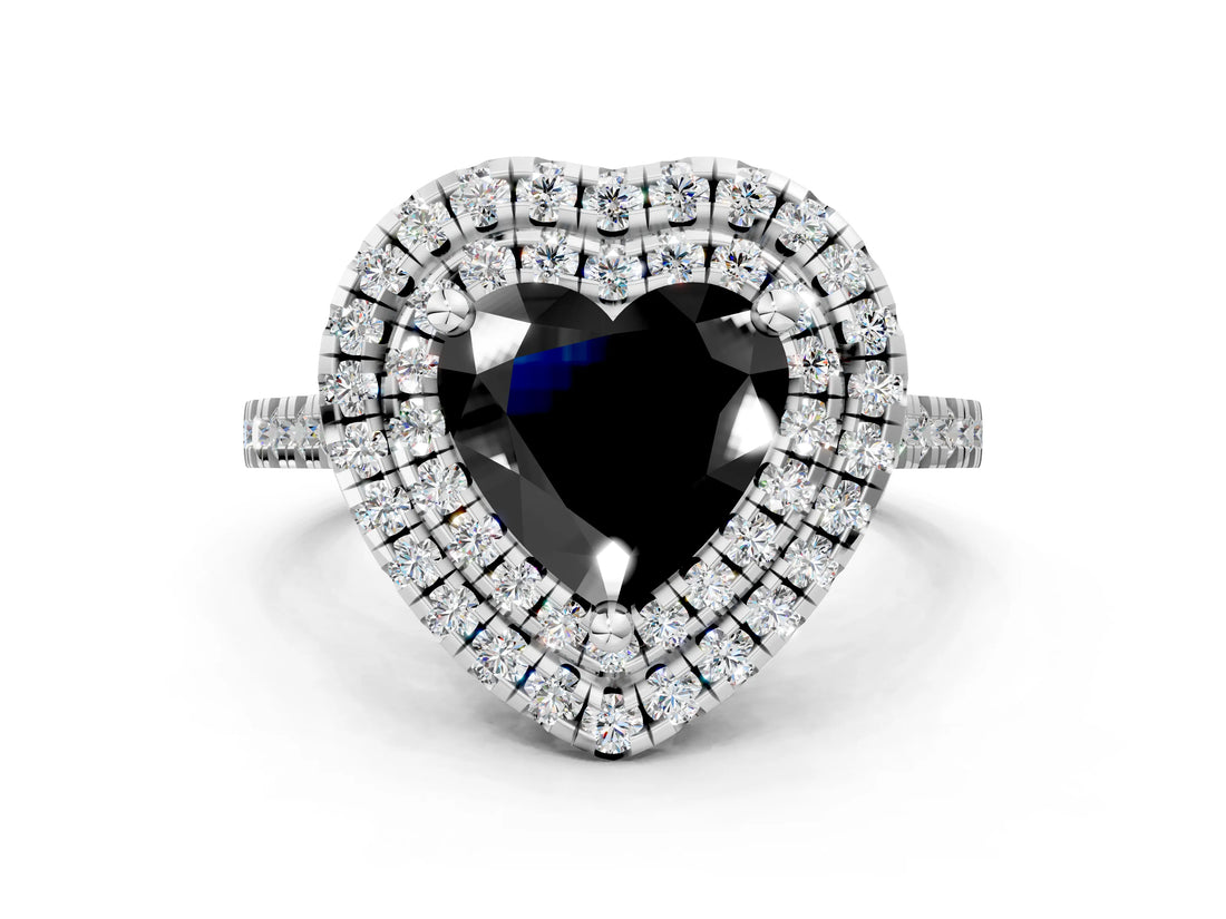 White gold Double Halo Fancy Black Heart Cut Diamond Pavé Band with Four-Prong Setting