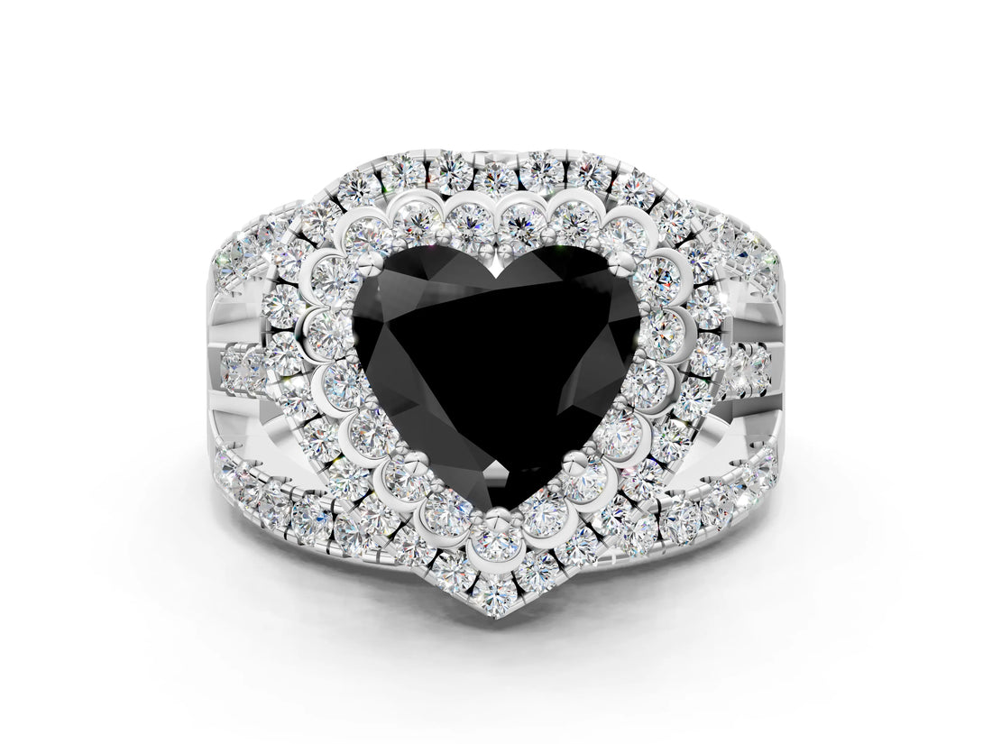 White gold Double Halo Fancy Black Heart Cut Diamond Split Shank Pave Set Ring_3