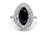 White gold Double Halo Fancy Black Marquise Cut Diamond Pavé Band with Four-Prong Setting