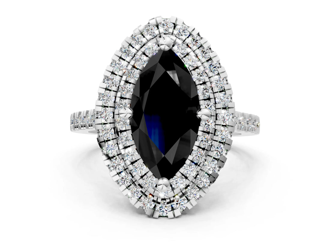 White gold Double Halo Fancy Black Marquise Cut Diamond Pavé Band with Four-Prong Setting