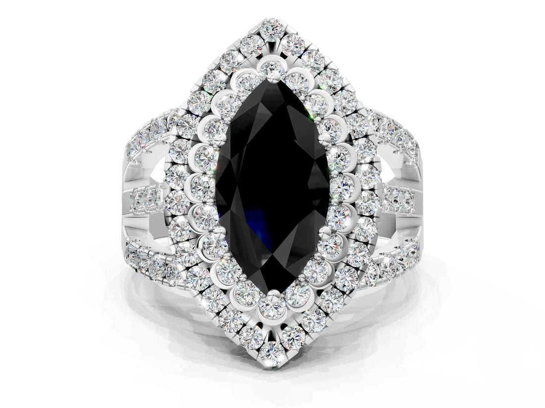 White gold Double Halo Fancy Black Marquise Cut Diamond Split Shank Pave Set Ring_3