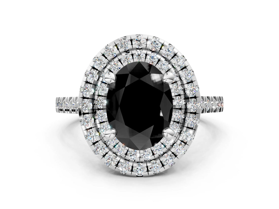 White gold Double Halo Fancy Black Oval Cut Diamond Pavé Band with Four-Prong Setting