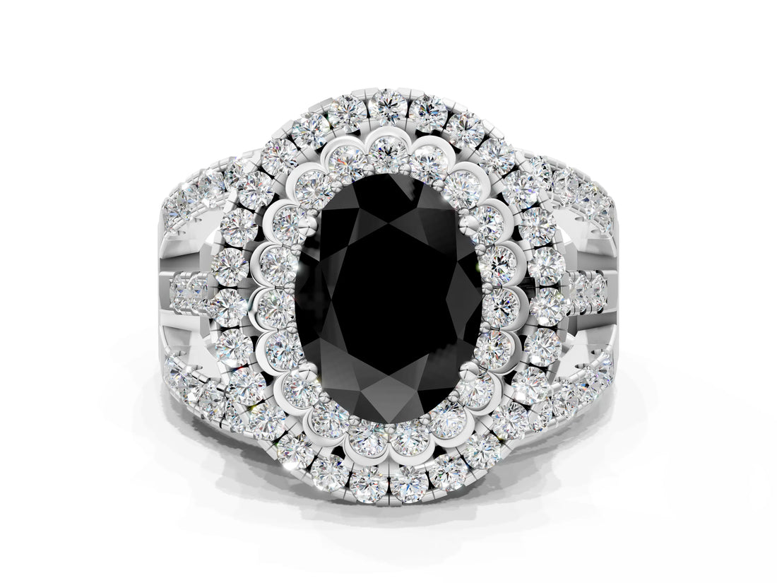 White gold Double Halo Fancy Black Oval Cut Diamond Split Shank Pave Set Ring_3