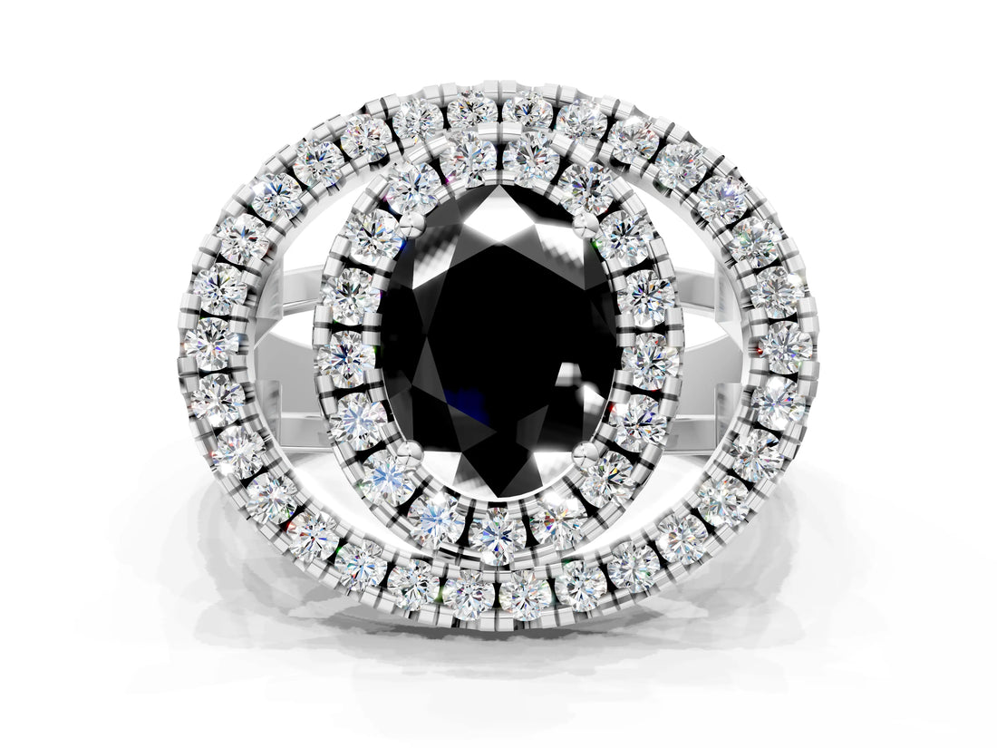 White gold Double Halo Fancy Black Oval Cut Diamond Split Shank Prong Setting Ring