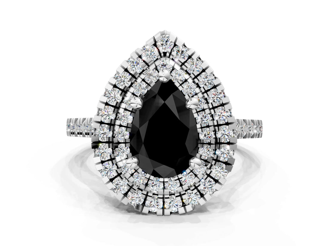 White gold Double Halo Fancy Black Pear Cut Diamond Pavé Band with Four-Prong Setting