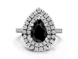 White gold Double Halo Fancy Black Pear Cut Diamond Pavé Band with Four-Prong Setting
