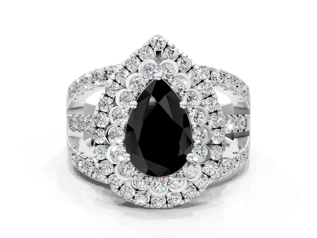 White gold Double Halo Fancy Black Pear Cut Diamond Split Shank Pave Set Ring_3