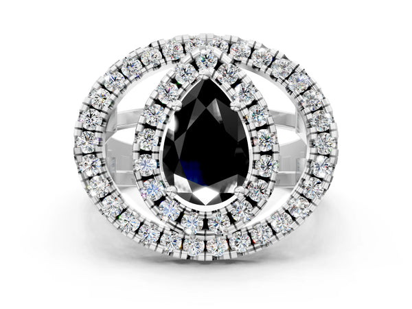White Gold Pear-Shaped Double Halo Split Shank Engagement Ring Setting for Black Center