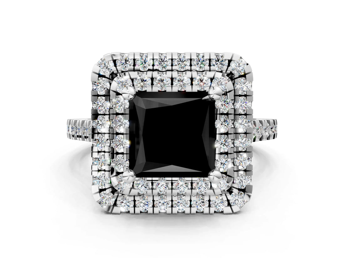 White gold Double Halo Fancy Black Princess Cut Diamond Pavé Band with Four-Prong Setting_12