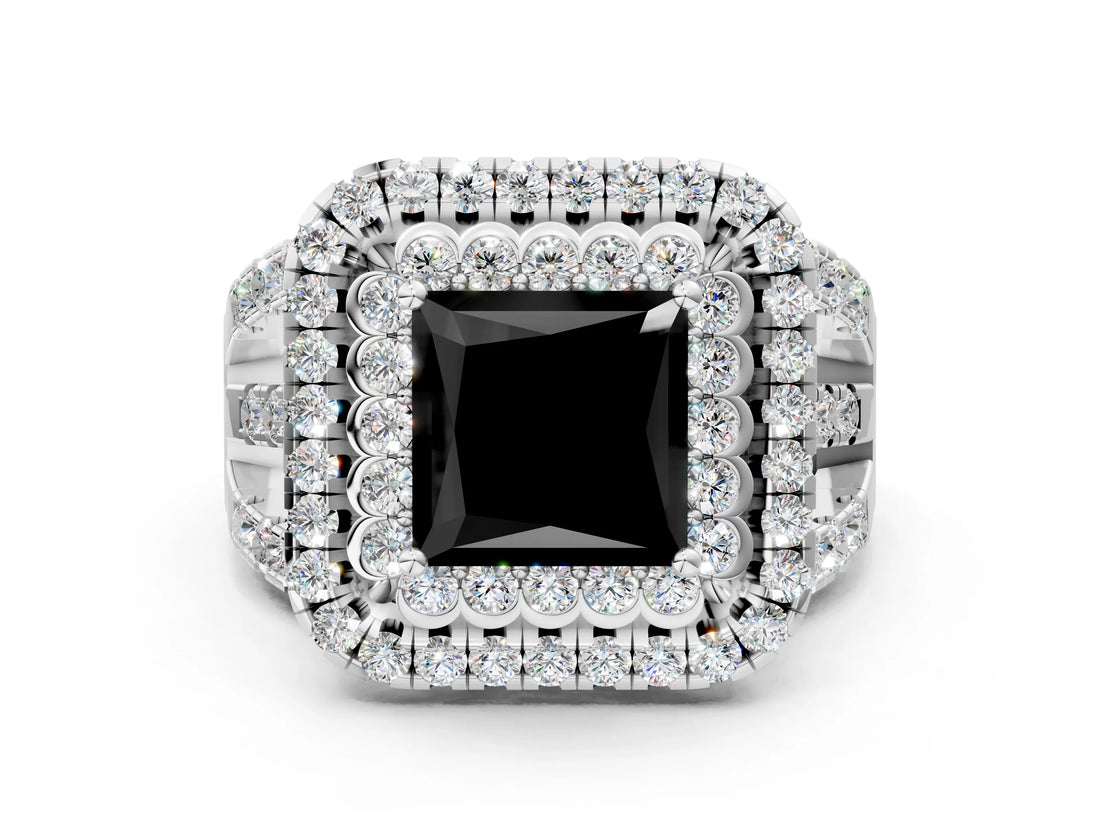 White gold Double Halo Fancy Black Princess Cut Diamond Split Shank Pave Set Ring_3