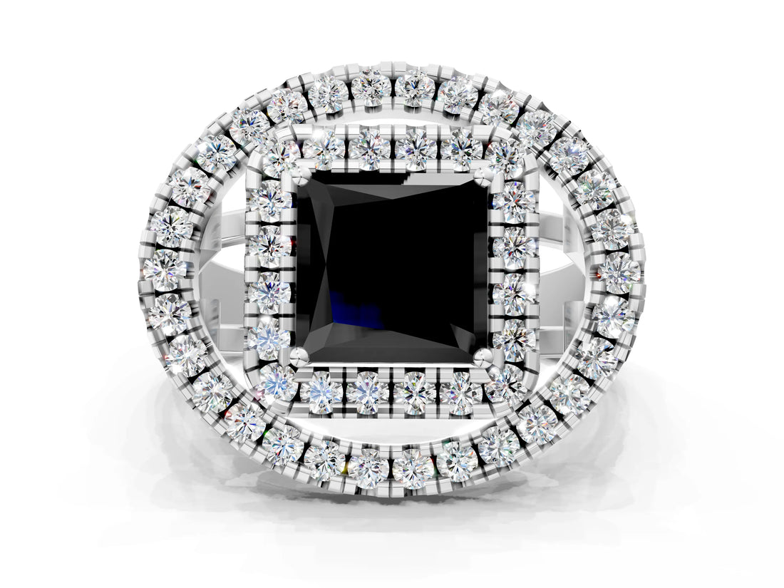 White gold Double Halo Fancy Black Princess Cut Diamond Split Shank Prong Setting Ring