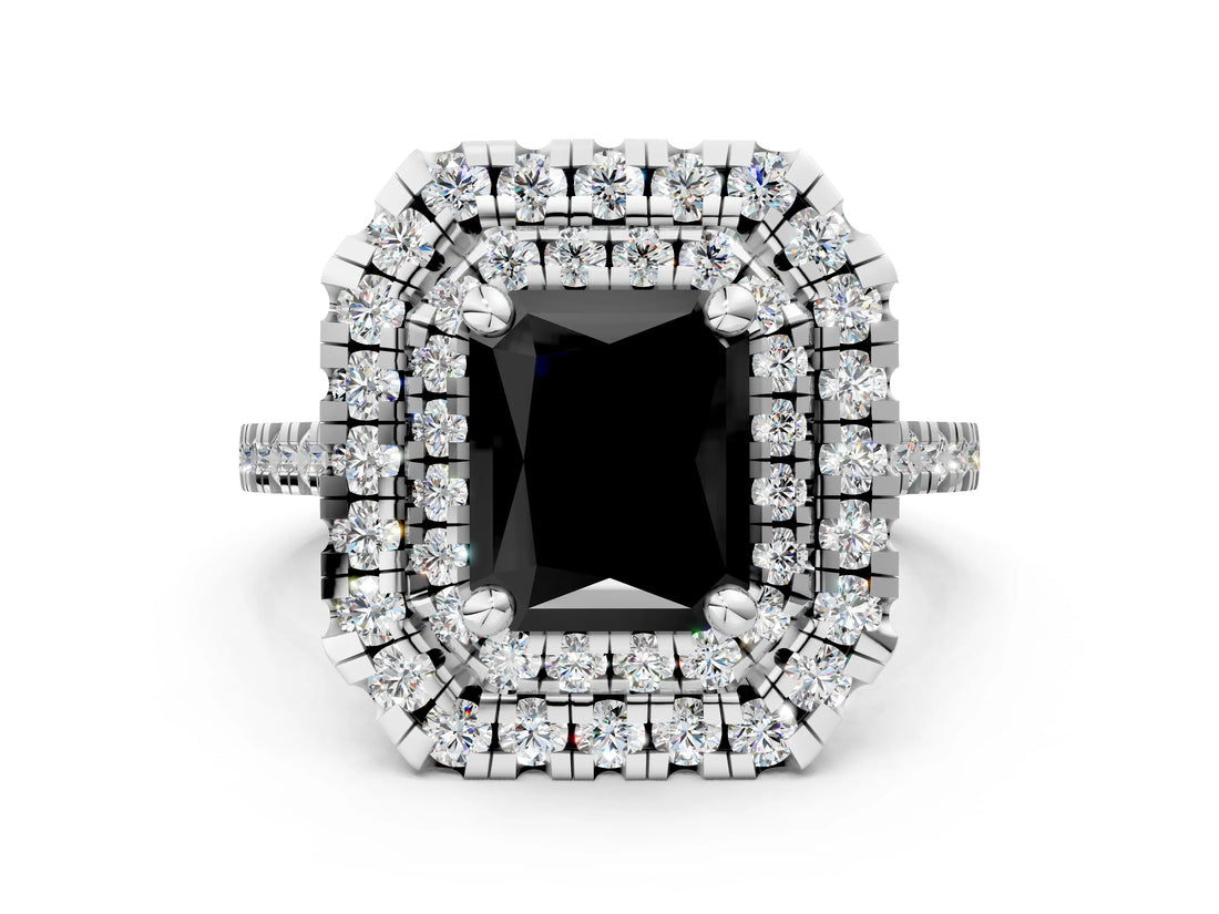 White gold Double Halo Fancy Black Radiant Cut Diamond Pavé Band with Four-Prong Setting