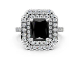 White gold Double Halo Fancy Black Radiant Cut Diamond Pavé Band with Four-Prong Setting