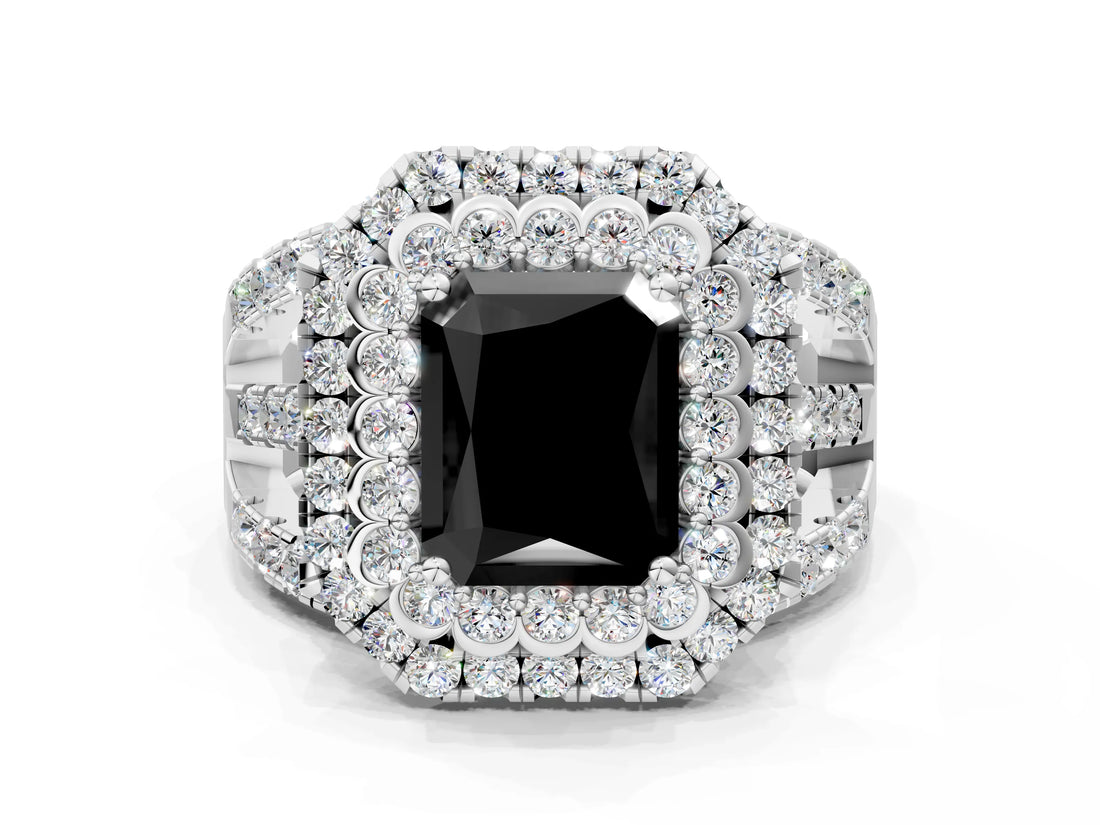 White gold Double Halo Fancy Black Radiant Cut Diamond Split Shank Pave Set Ring_3