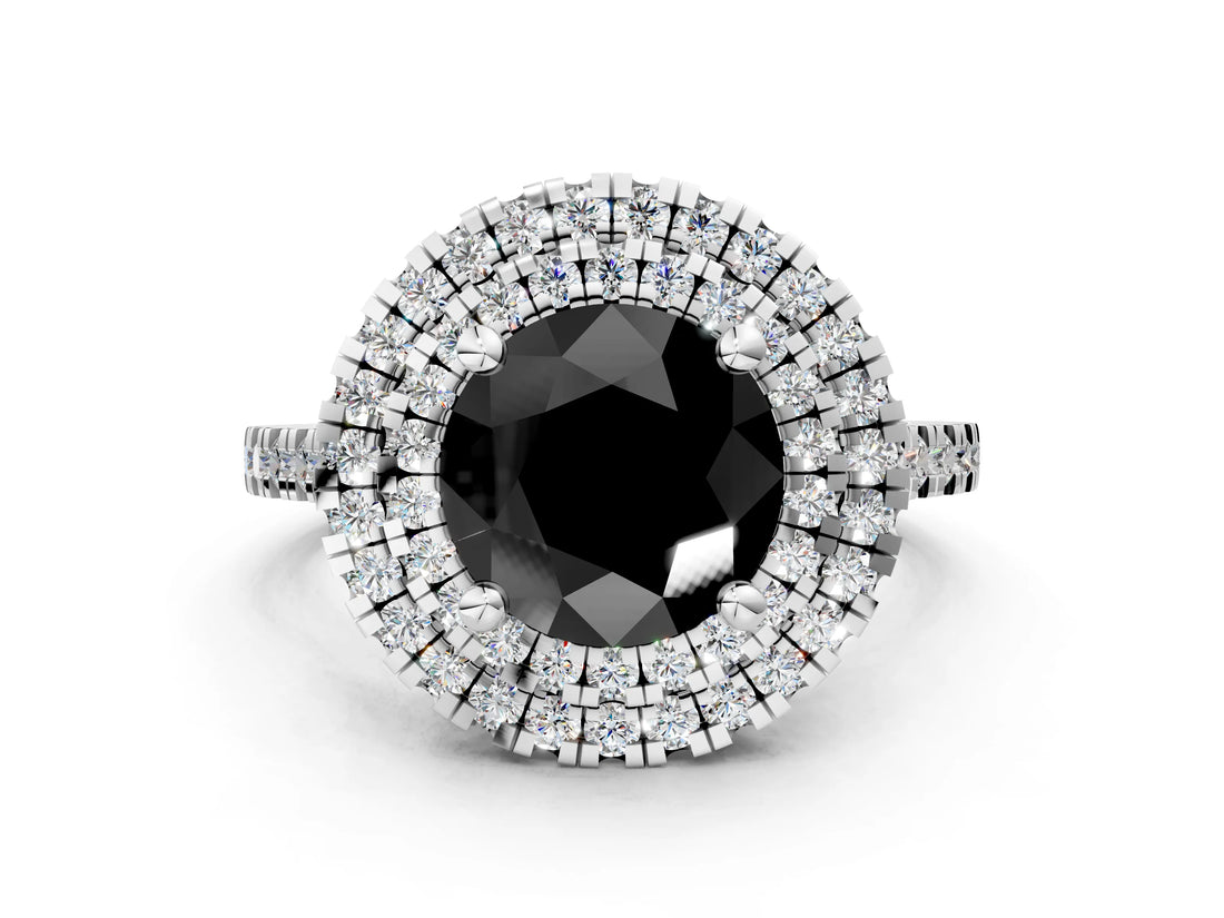 White gold Double Halo Fancy Black Round Cut Diamond Pavé Band with Four-Prong Setting