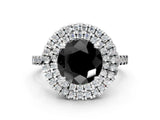White gold Double Halo Fancy Black Round Cut Diamond Pavé Band with Four-Prong Setting