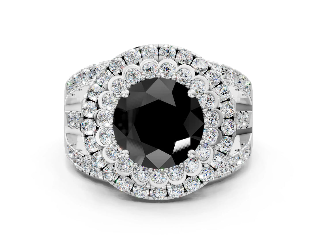 White gold Double Halo Fancy Black Round Cut Diamond Split Shank Pave Set Ring_3