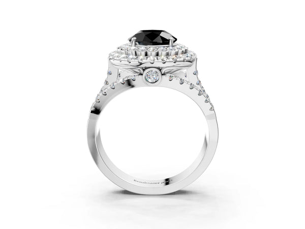 Platinum Round Scalloped Double Halo Engagement Ring Setting for Black Center