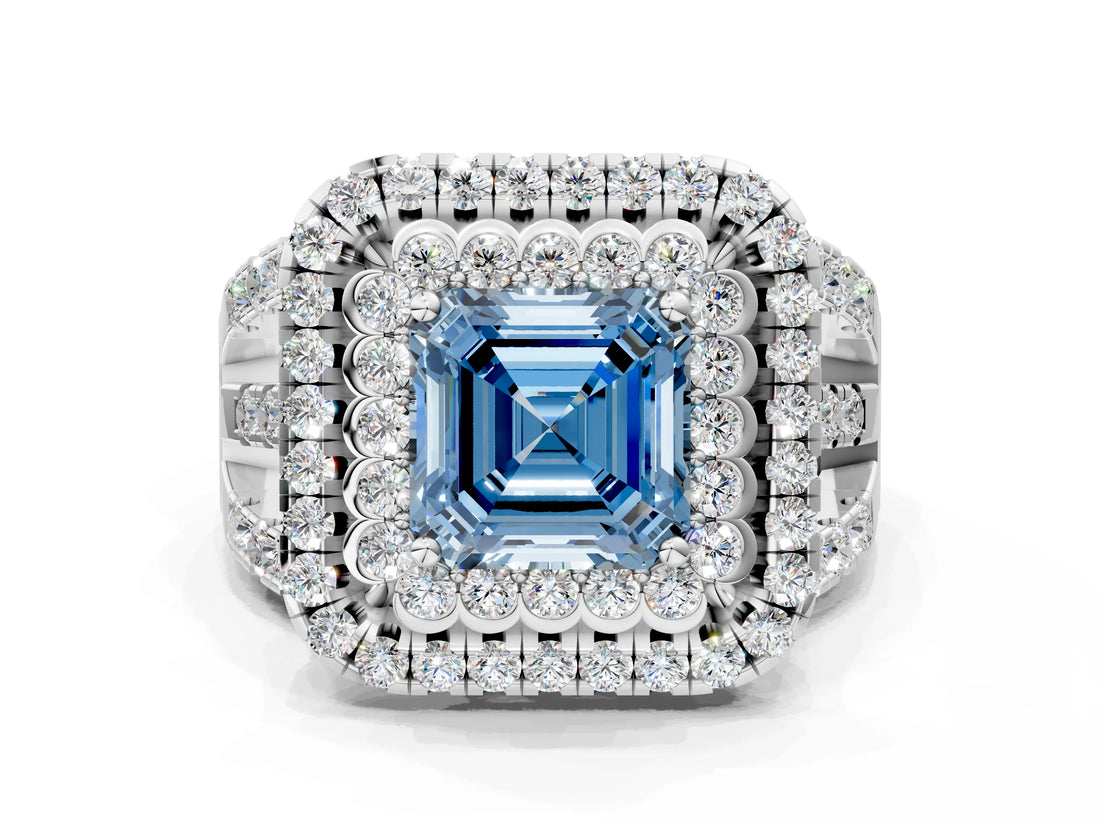 White gold Double Halo Fancy Blue Asscher Cut Diamond Split Shank Pave Set Ring_3