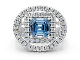 White gold Double Halo Fancy Blue Asscher Cut Diamond Split Shank Prong Setting Ring