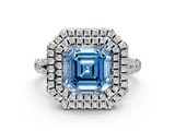 White gold Double Halo Fancy Blue Asscher  Cut Diamond Split Shank Ring with Four Prong Setting