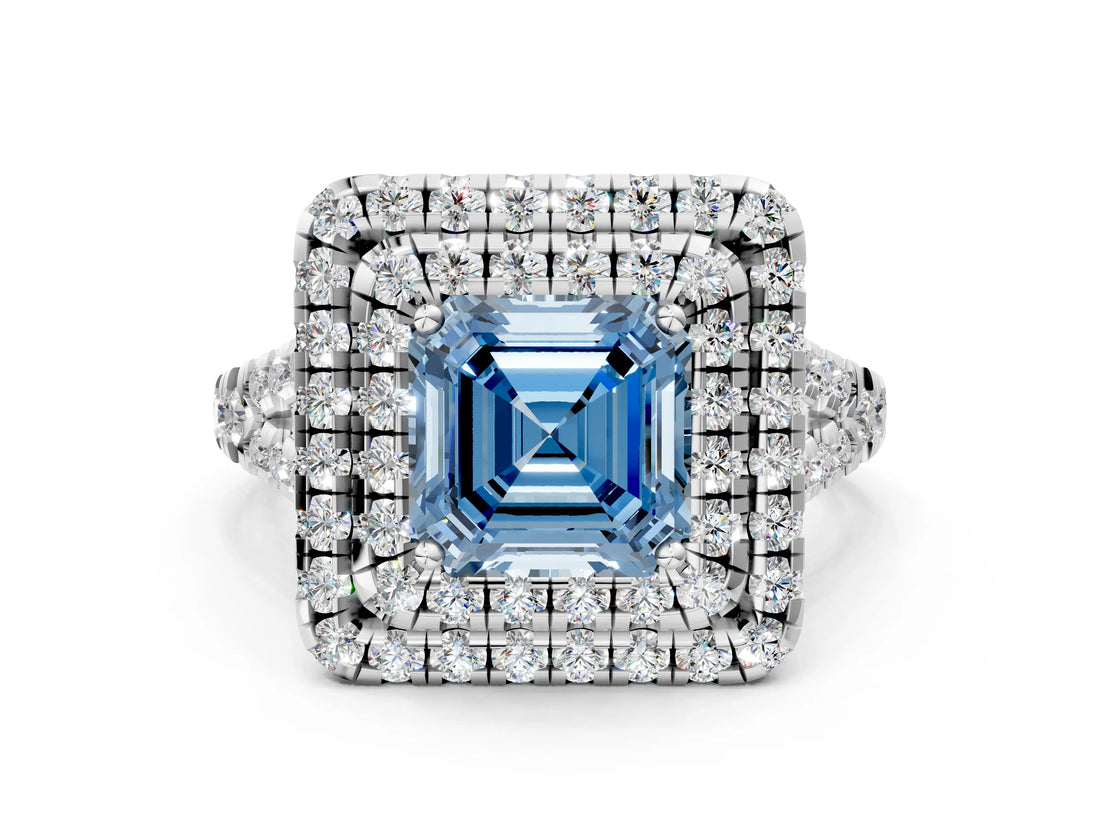 White gold Double Halo Fancy Blue Asscher  Cut Pave Split Shank Prong Set Ring_15
