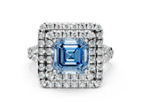 White gold Double Halo Fancy Blue Asscher  Cut Pave Split Shank Prong Set Ring_15