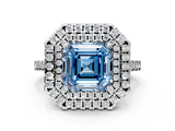 White gold Double Halo Fancy Blue Asscher  Diamond Pave Band with Four-Prong Setting