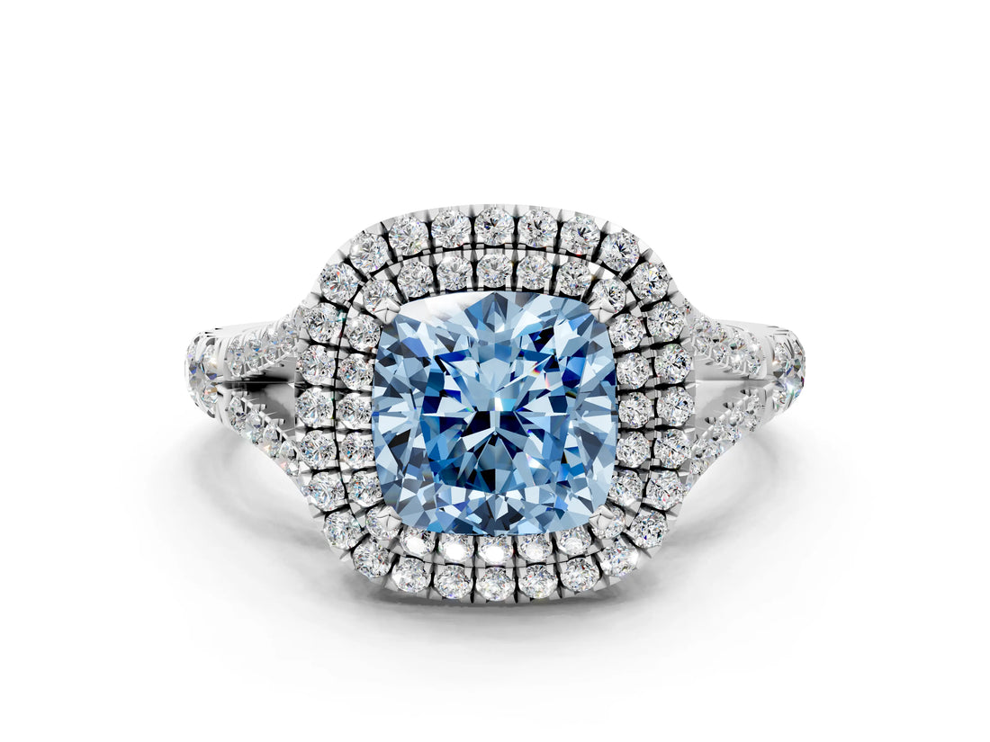 White gold Double Halo Fancy Blue Cushion Cut Diamond Split Shank Engagement Ring with Four-Prong Setting_27