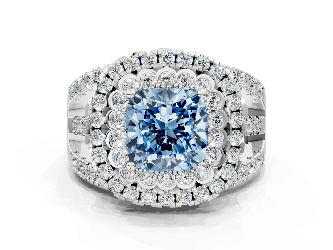 White gold Double Halo Fancy Blue Cushion Cut Diamond Split Shank Pave Set Ring_3