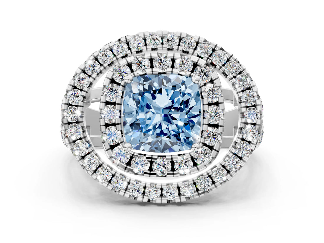 White gold Double Halo Fancy Blue Cushion Cut Diamond Split Shank Prong Setting Ring