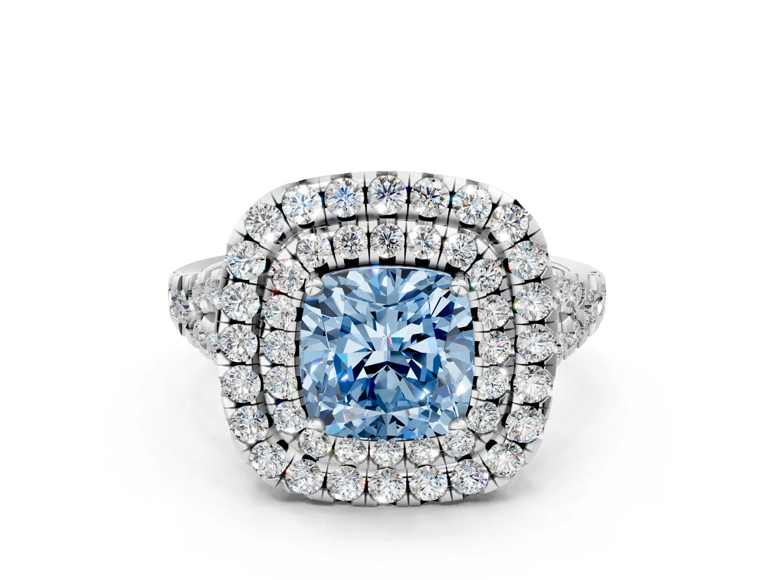 White gold Double Halo Fancy Blue Cushion  Cut Pave Split Shank Prong Set Ring_15