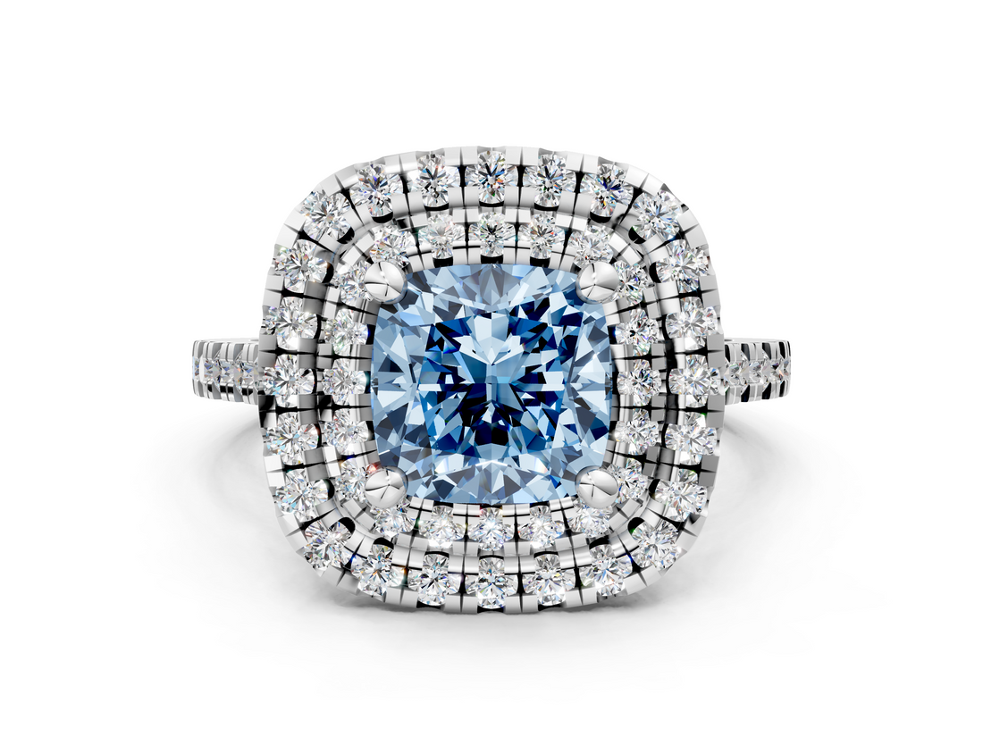White gold Double Halo Fancy Blue Cushion  Diamond Pave Band with Four-Prong Setting_44