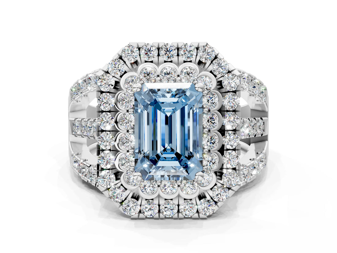 White gold Double Halo Fancy Blue Emerald Cut Diamond Split Shank Pave Set Ring_3