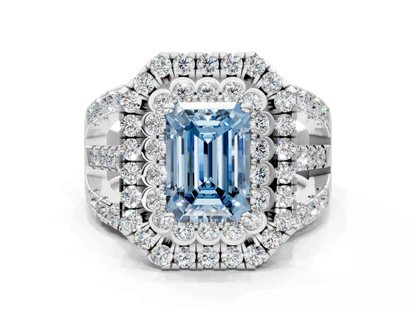 White gold Double Halo Fancy Blue Emerald Cut Diamond Split Shank Pave Set Ring