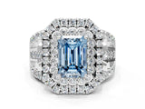 White gold Double Halo Fancy Blue Emerald Cut Diamond Split Shank Pave Set Ring_3