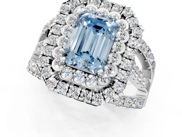 White gold Double Halo Fancy Blue Emerald Cut Diamond Split Shank Pave Set Ring