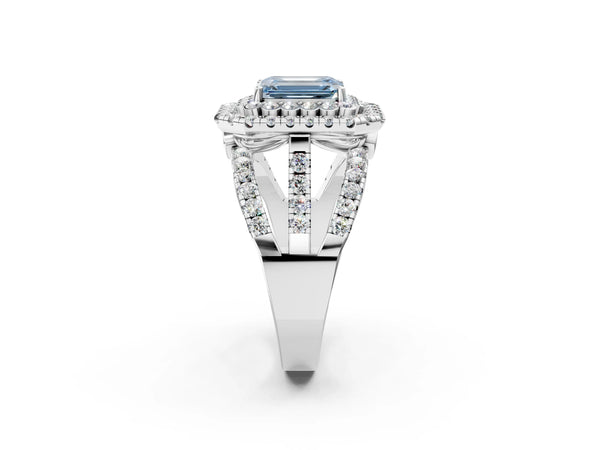 White gold Double Halo Fancy Blue Emerald Cut Diamond Split Shank Pave Set Ring