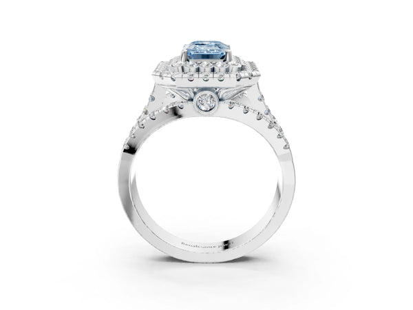 White gold Double Halo Fancy Blue Emerald Cut Diamond Split Shank Pave Set Ring