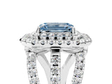 White gold Double Halo Fancy Blue Emerald Cut Diamond Split Shank Pave Set Ring_8