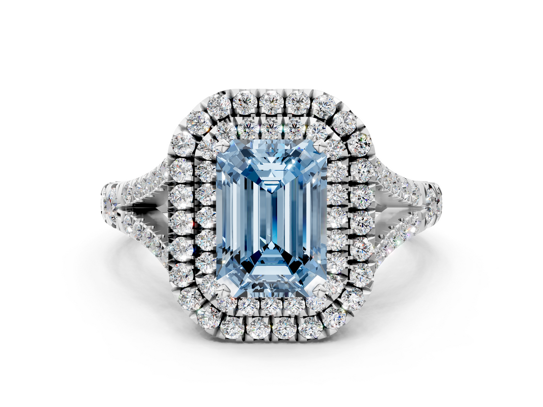 White gold Double Halo Fancy Blue Emerald  Cut Diamond Split Shank Ring with Four Prong Setting_20